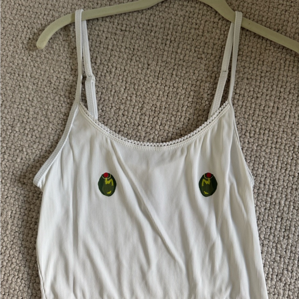 White Spaghetti Strap Top with Olive Embroidery